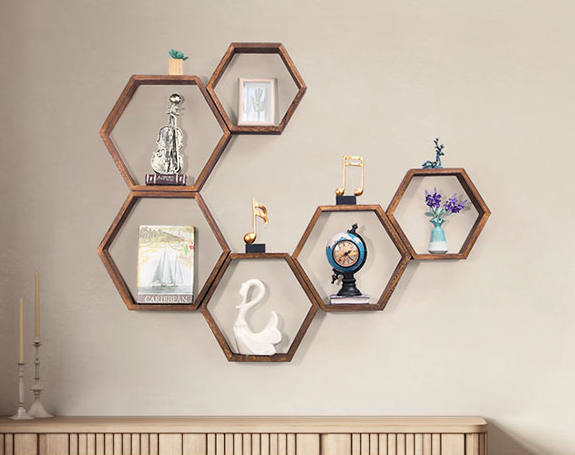 Hexagonal floating wall shelf